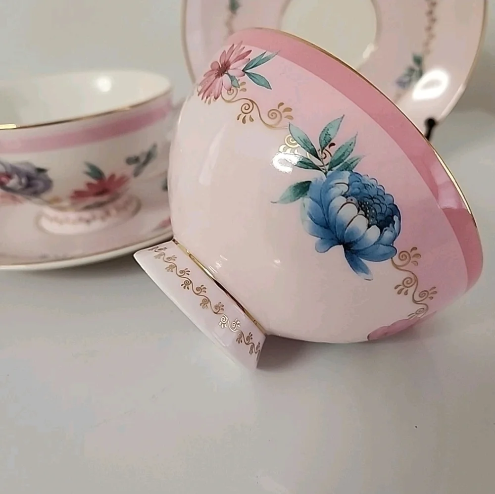Grace Teaware Pink Floral Tea Cup Saucer Set 2 Cottagecore Gold Gilt Tea Party